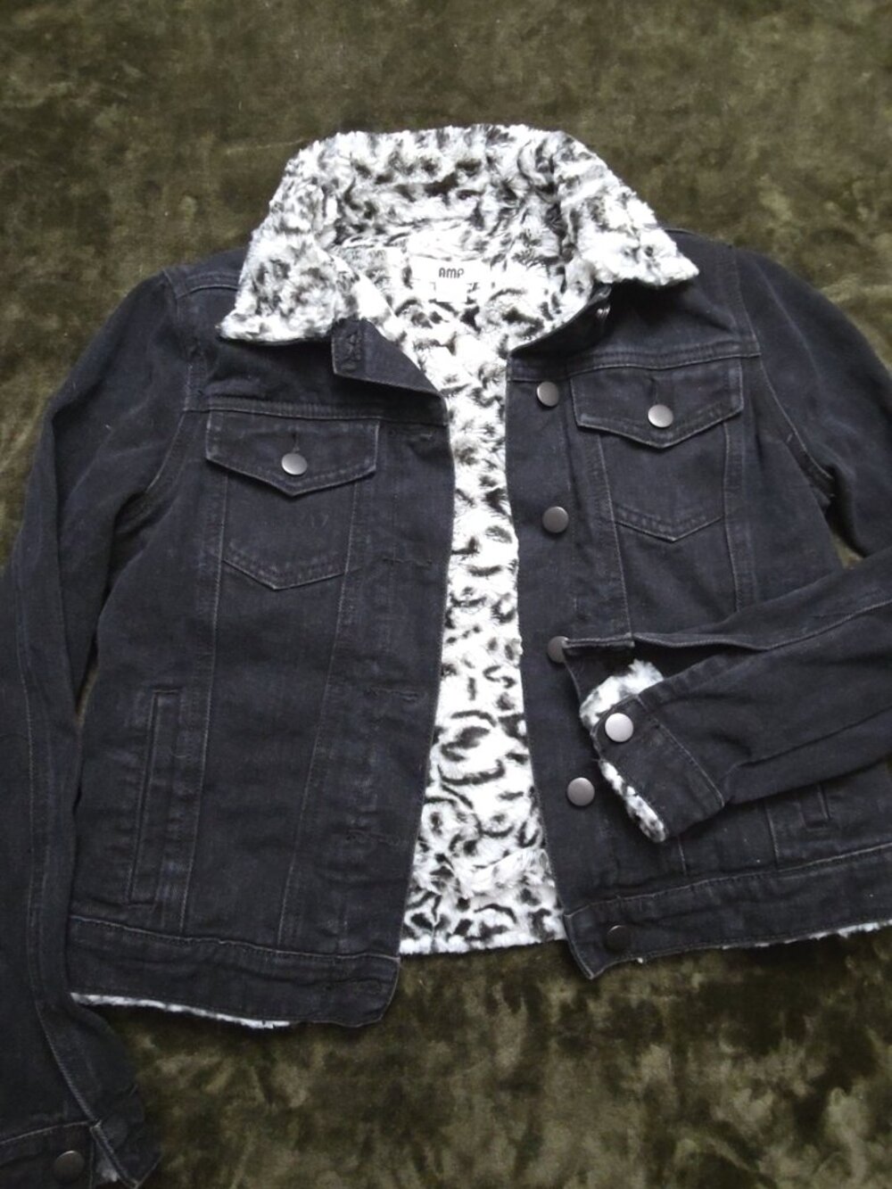 AMP Black Denim Trucker Jacket Faux Fur Sherpa Lined Leopard Womens XS